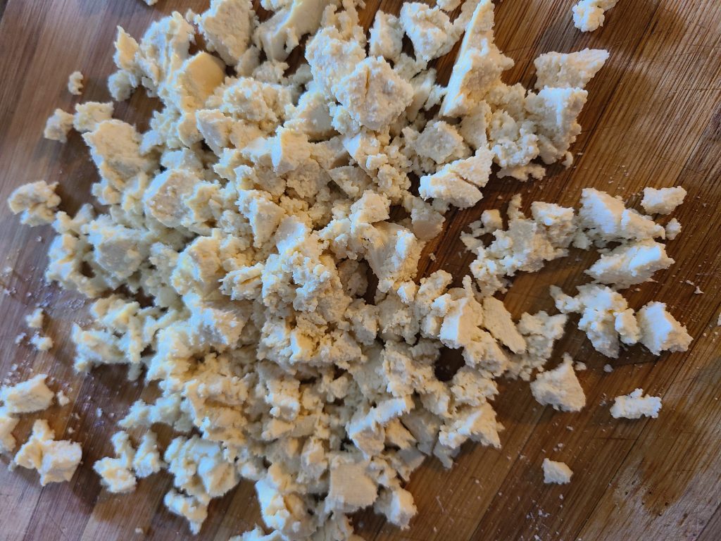 Picture of chopped up tofu for crispy rice paper spring rolls.